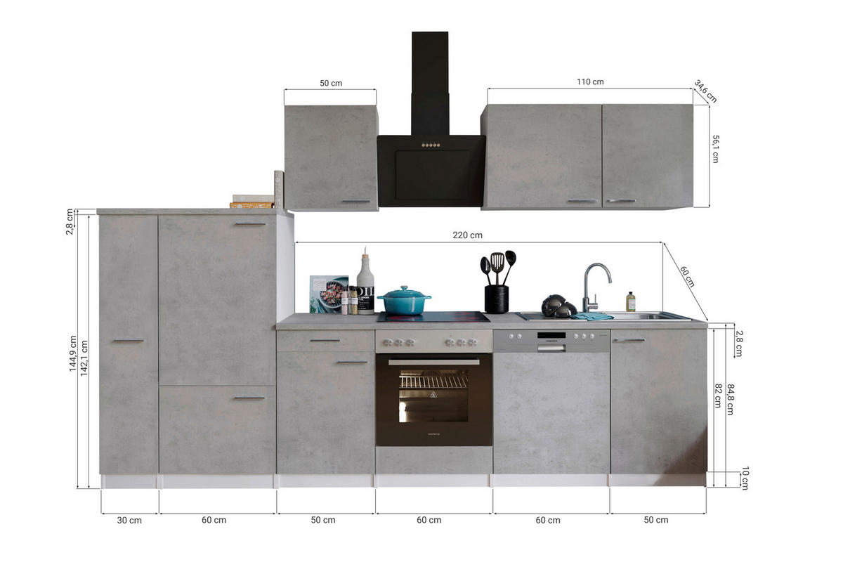 Respekta Küchenblock Malia Beton Optik B/H/T: ca. 310x200x60 cm Malia - Beton/weiß (310,00/200,00/60,00cm) - Respekta