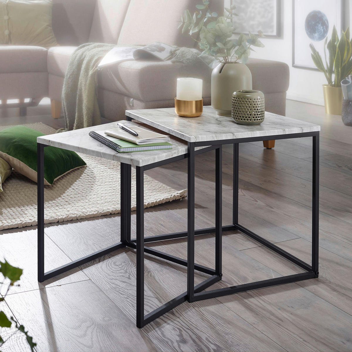 Beistelltisch 2er-Set. weiß Marmor Optik schwarz pulverbeschichtet MDF Stahl 2er-Set. - weiß/schwarz - Wohnling