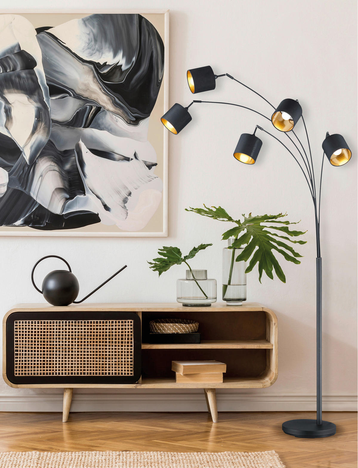 Reality Bogenleuchte Tommy R46330579 mattschwarz gold Metall Stoff B/H/L: ca. 30x200x72 cm E14 5 Brennstellen Bogenleuchte_Tommy 5flg. - gold/mattschwarz (72,00/30,00/200,00cm) - Reality