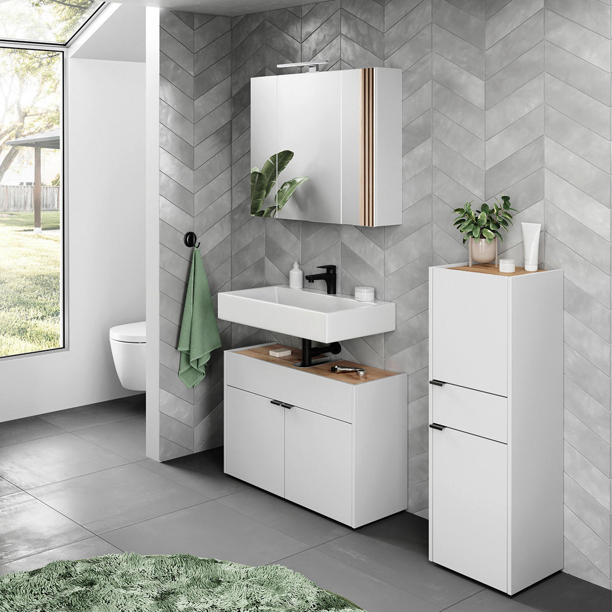 Badezimmer-Set 7841-242 weiß Eiche Navarra Nachbildung B/H/T: ca. 129x200x34 cm 7841-242 - Eiche/weiß (129,00/200,00/34,00cm) - Germania