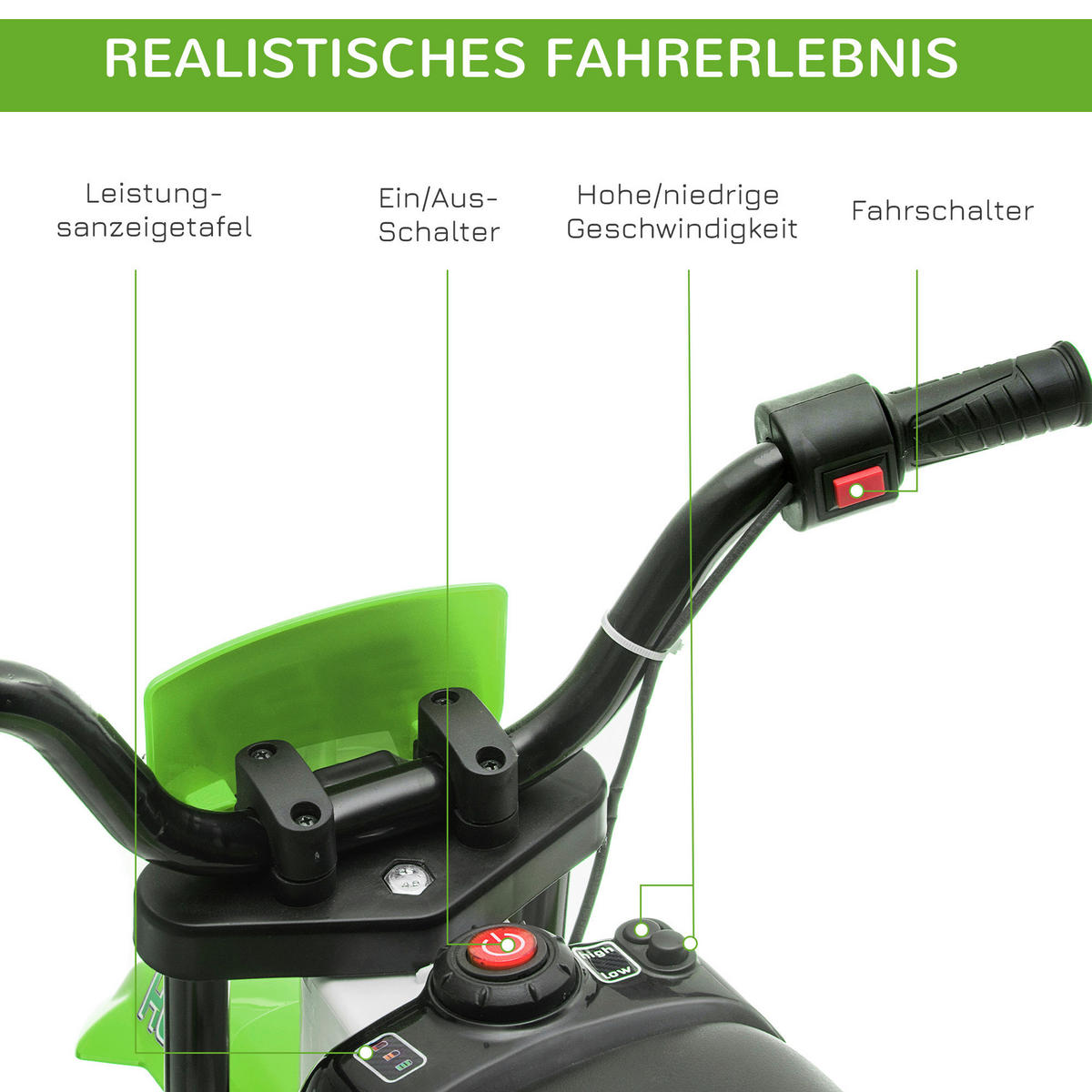 HOMCOM Kinder-Elektromotorrad grün B/H/L: ca. 51,5x68x106,5 cm Kinder-Elektromotorrad - grün (106,50/51,50/68,00cm) - HOMCOM