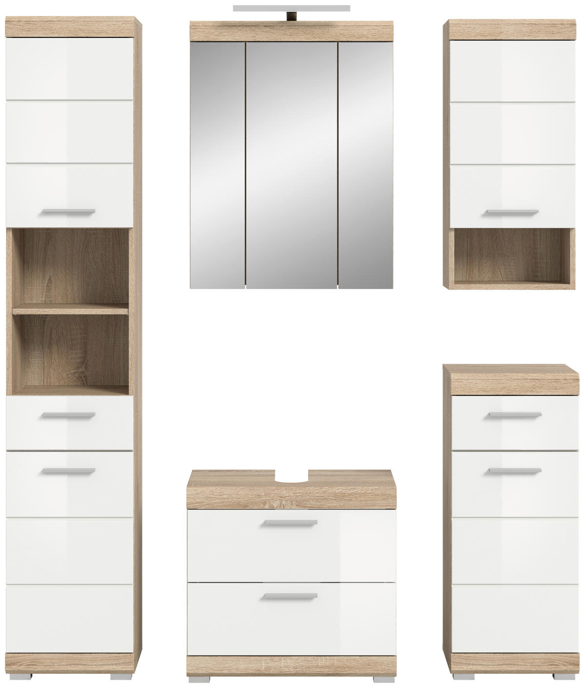 Badezimmer-Set Lambada Eiche Sonoma Nachbildung weiß Hochglanz B/H/T: ca. 164x191x37 cm Lambada - Eiche/weiß (164,00/191,00/37,00cm) - xonox.home