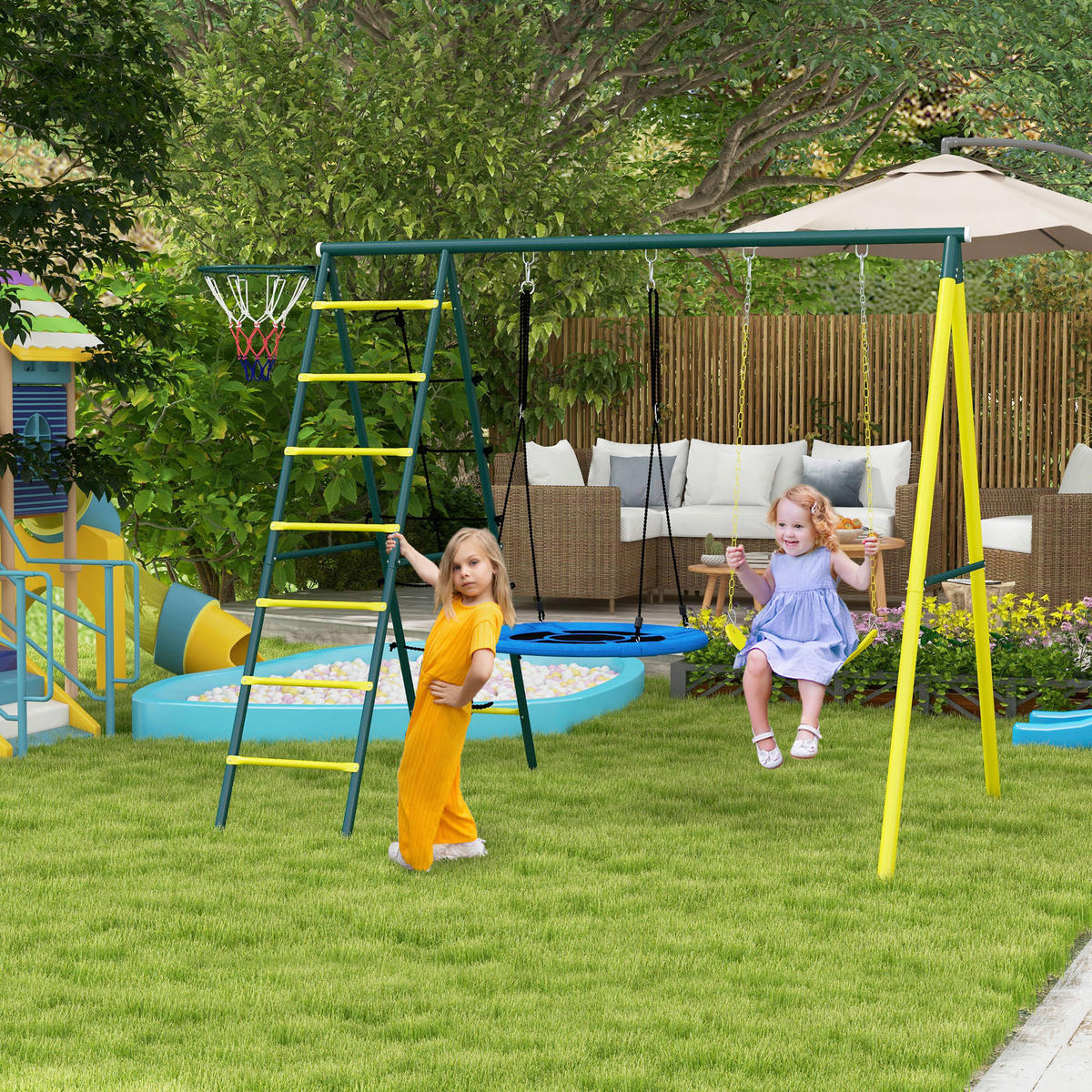 Outsunny Kinderschaukel gelb B/H/L: ca. 180x202x267 cm Kinderschaukel - gelb/grün (267,00/180,00/202,00cm) - Outsunny