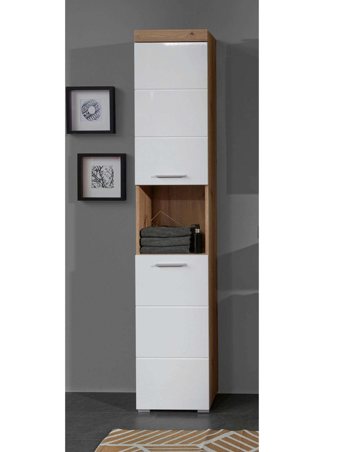 Hochschrank Amanda weiß Hochglanz Asteiche Nachbildung B/H/T: ca. 37x190x31 cm Amanda - weiß (37,00/190,00/31,00cm) - Trendteam