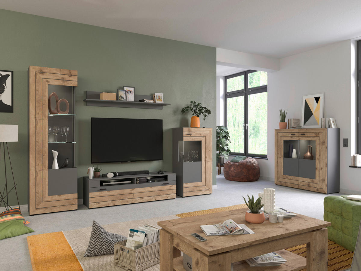 Wohnwand Freno grau matt Eiche Nox Oak Nachbildung B/H/T: ca. 350x195x40 cm Freno - Eiche/grau (350,00/195,00/40,00cm) - xonox.home