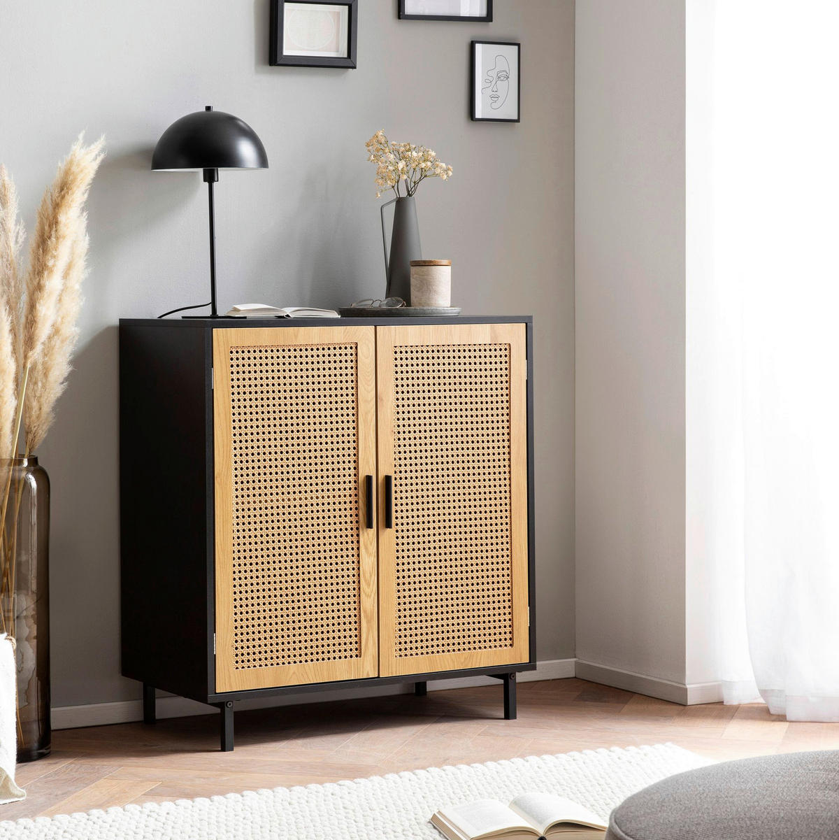 Sideboard schwarz Eiche Optik B/H/T: ca. 80x86,5x40 cm Sideboard - schwarz (80,00/86,50/40,00cm) - Wohnling