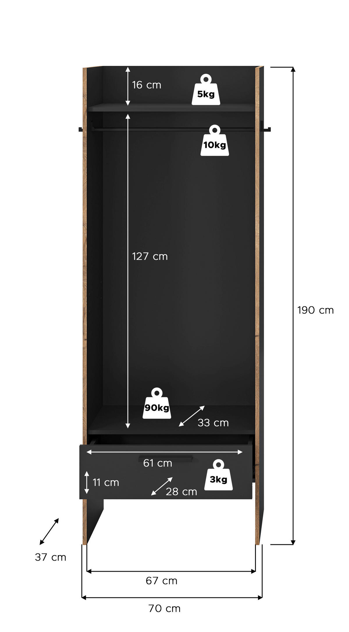 Garderobenschrank Bueno Basalt Nox Oak Nachbildung B/H/T: ca. 70x189x37 cm Bueno - Basalt (70,00/189,00/37,00cm) - xonox.home