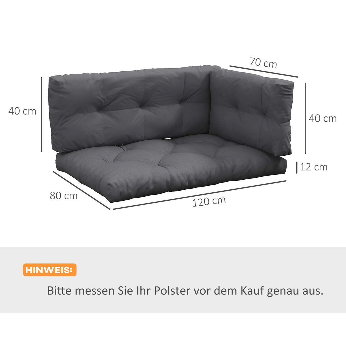 Outsunny Palettenkissen dunkelgrau Polyester B/H/L: ca. 80x120x12 cm Palettenkissen - dunkelgrau (12,00/80,00/120,00cm) - Outsunny