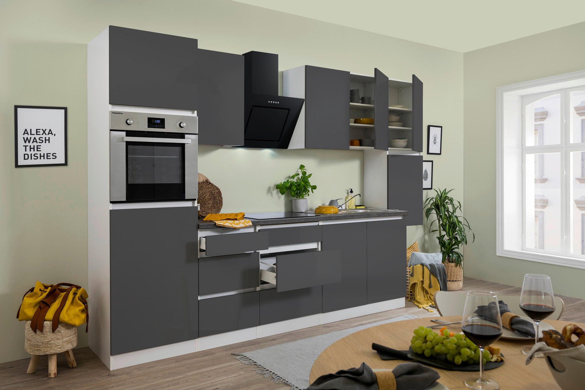 Respekta Küchenblock Premium grau Hochglanz B/H/T: ca. 320x220,5x60 cm Premium - weiß/granit (320,00/220,50/60,00cm) - Respekta