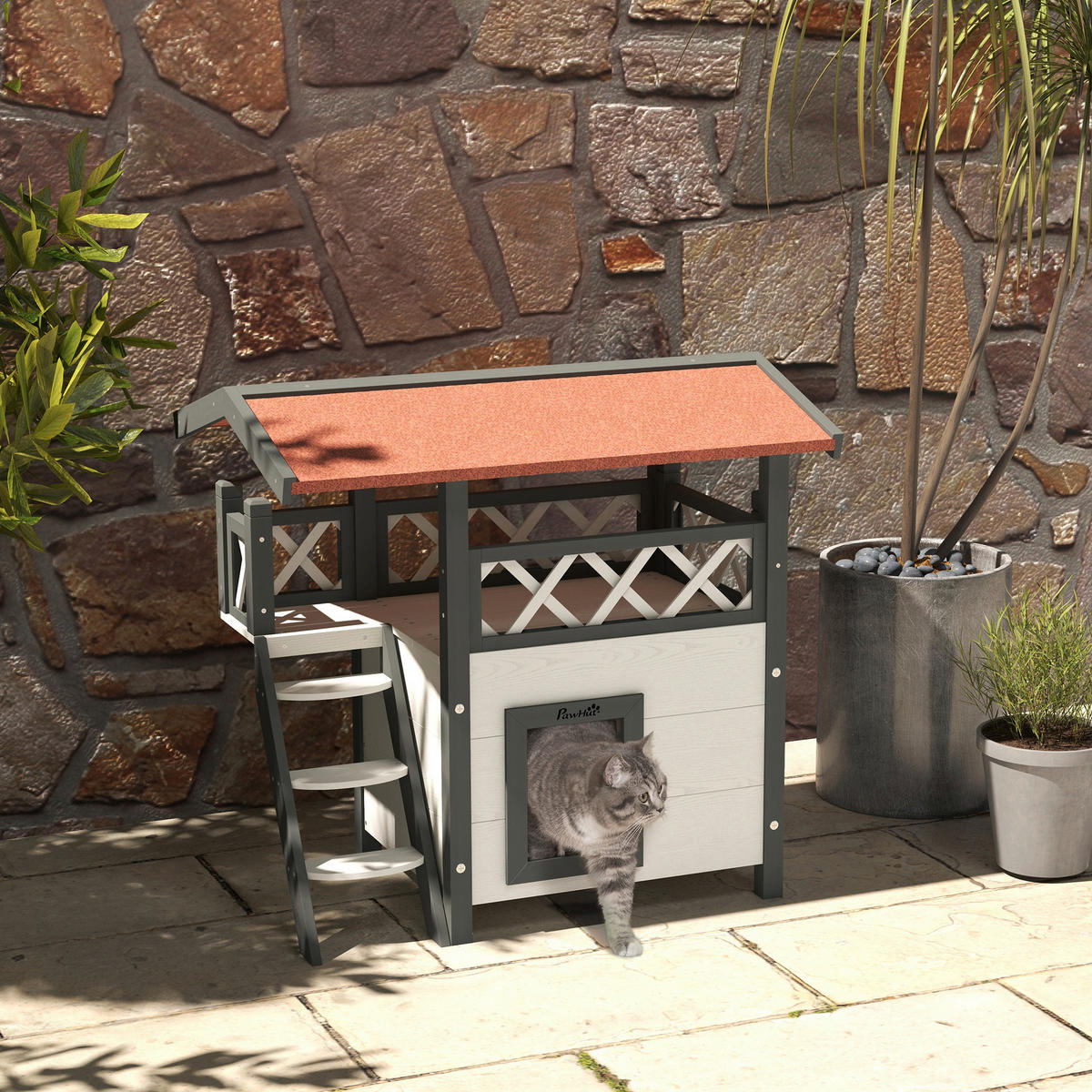 PawHut Katzen-Zubehör weiß Polypropylen B/H/L: ca. 50x77x73 cm Katzenhaus - weiß/rot (73,00/50,00/77,00cm) - PawHut