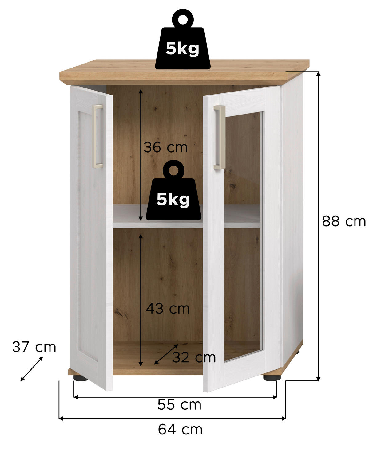 Vitrinenschrank VERONA Lärche Nachbildung Eiche Nachbildung B/H/T: ca. 64x88x37 cm VERONA - Eiche/Lärche (64,00/88,00/37,00cm) - xonox.home
