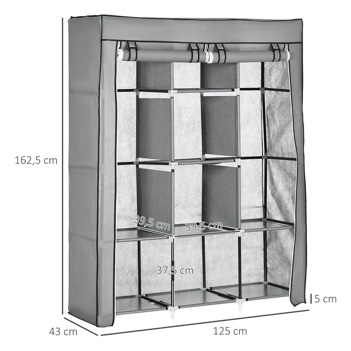 HOMCOM Kleiderschrank hellgrau Edelstahl B/H/L: ca. 43x125x162,5 cm Stoffschrank - hellgrau (162,50/43,00/125,00cm) - HOMCOM