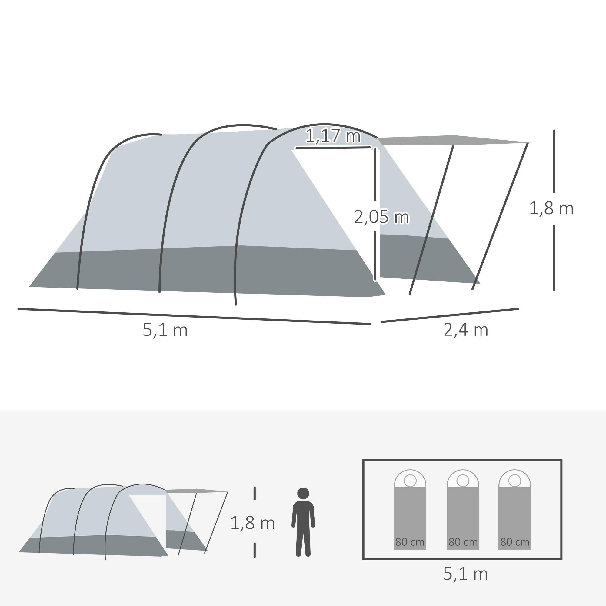 Outsunny Campingartikel B/H/L: ca. 240x510x180 cm Campingzelt - grau (180,00/240,00/510,00cm) - Outsunny