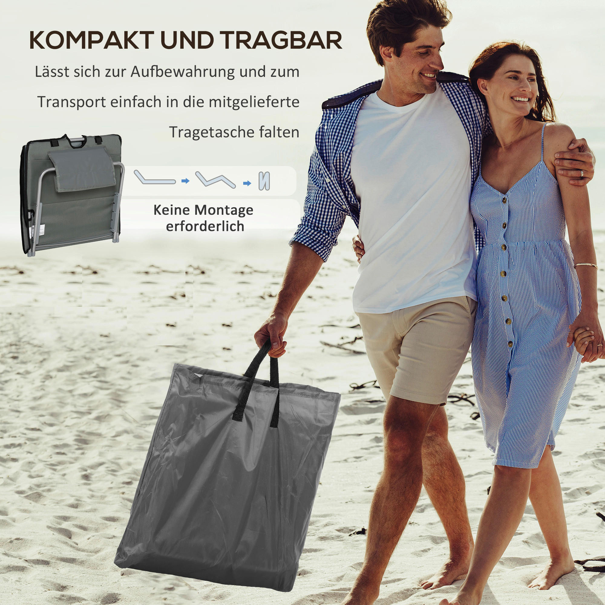 Thumbnail - Outsunny Strandliege 2er Set grau Stahl B/H/L: ca. 53x35x124 cm
