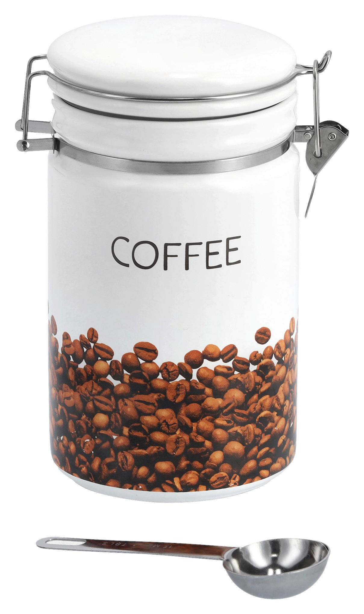 Zeller Kaffeedose mit Löffel weiß Keramik B/H/L: ca. 11x19,5x16 cm Kaffeedose_mit_Löffel - weiß/café braun (16,00/11,00/19,50cm) - Zeller