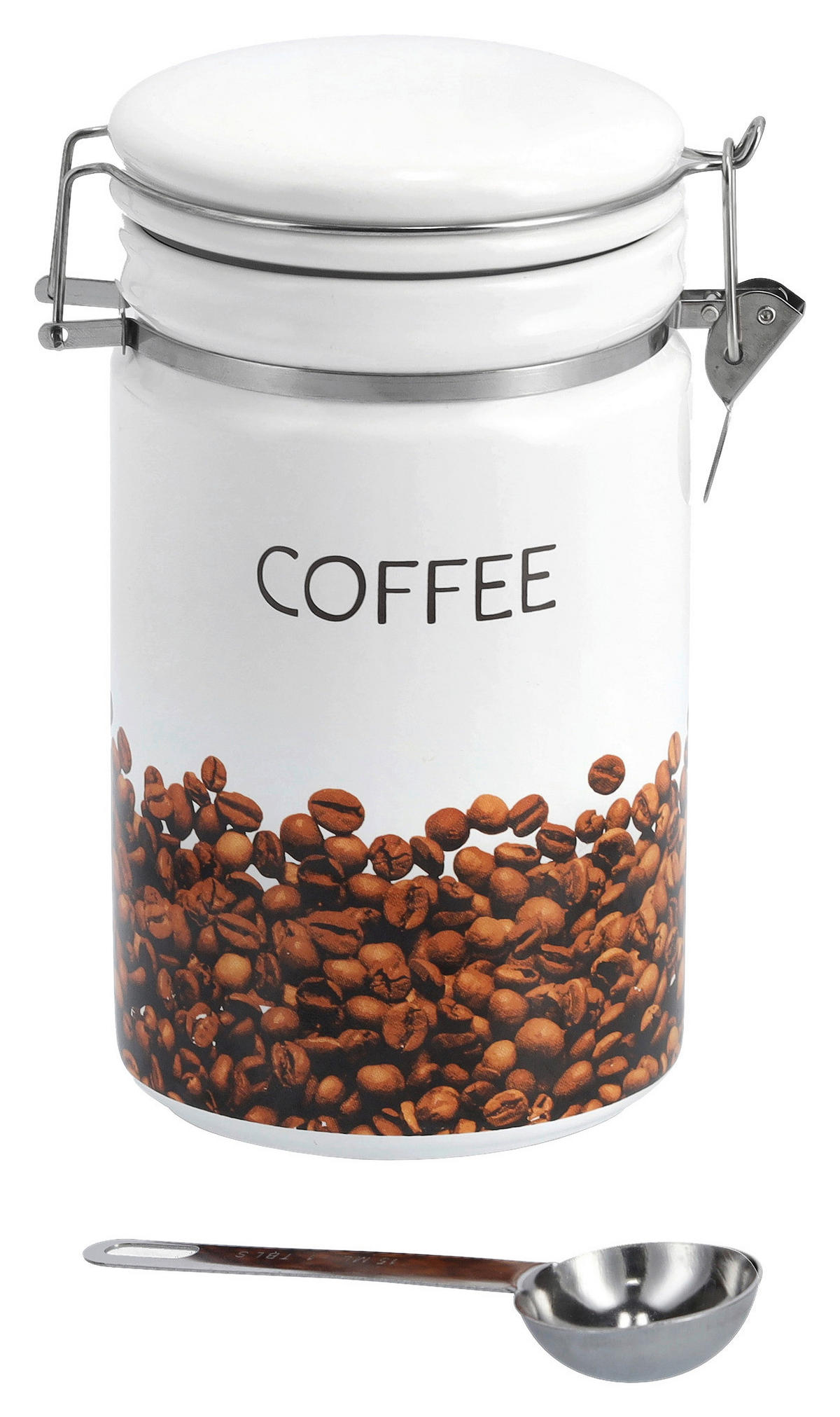 Zeller Kaffeedose mit Löffel weiß Keramik B/H/L: ca. 11x19,5x16 cm Kaffeedose_mit_Löffel - weiß/café braun (16,00/11,00/19,50cm) - Zeller