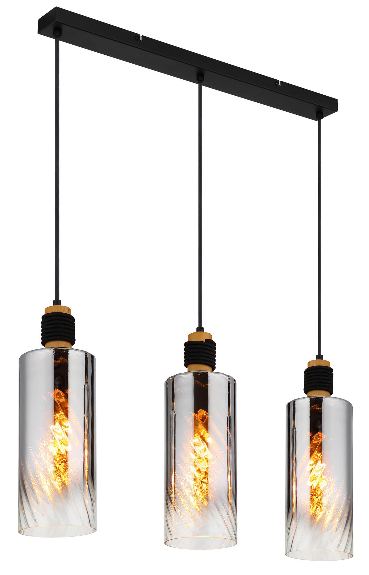 GLOBO Pendelleuchte mattschwarz Rauch braun Glas Holz Metall B/H/T/L: ca. 12x150x68x68 cm E27 3 Brennstellen Osborne - braun/mattschwarz (68,00/12,00/150,00cm) - GLOBO