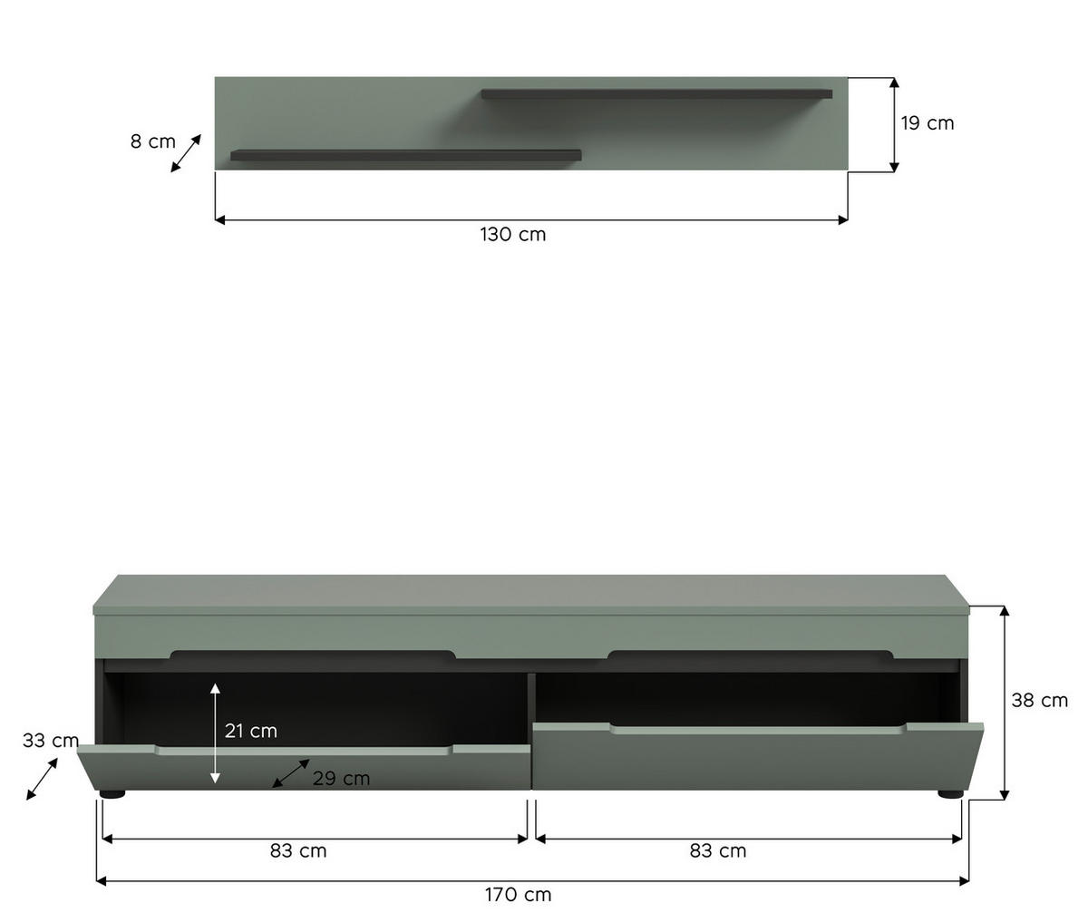 TV-Lowboard Canu grün basaltgrau Nachbildung B/H/T: ca. 170x38x33 cm Canu - basaltgrau/grün (170,00/38,00/33,00cm) - xonox.home