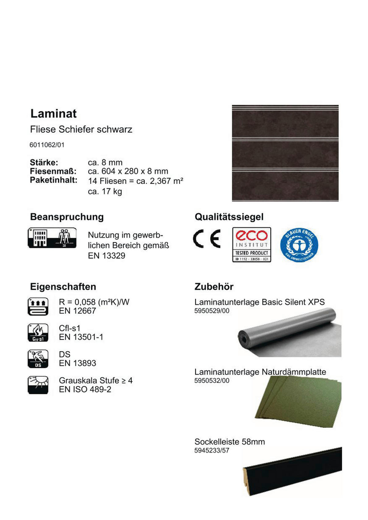 Laminatboden Schiefer schwarz ca.2,367m² im Pak.  B/L: ca. 28x60,4 cm pro Paket Schiefer schwarz ca.2,367m² im Pak. - weiß (28,00/60,40cm)