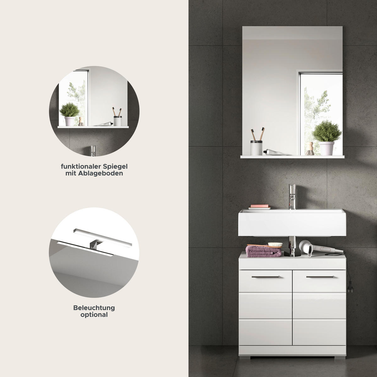 Badezimmer-Set Scout weiß weiß Hochglanz B/H/T: ca. 60x191x34 cm Scout - weiß (60,00/191,00/34,00cm) - xonox.home