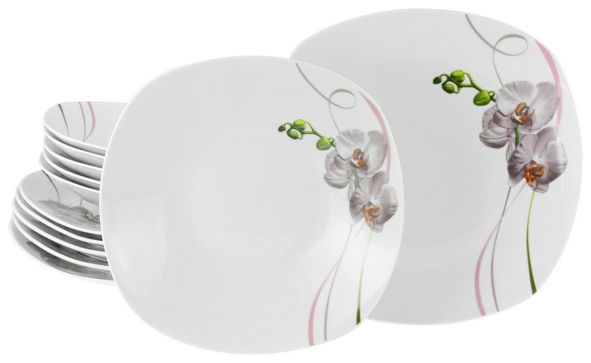 CreaTable Tafelservice Square Orchidee weiß Porzellan 12 tlg. Square Orchidee - weiß/mauve - CreaTable