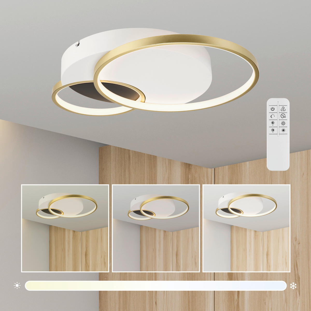Lamkur LED-Deckenleuchte BENITO 50973 gold weiß Stahl PVC H/L: ca. 7x57 cm 3 Brennstellen Benito - gold/weiß (57,00cm) - Lamkur