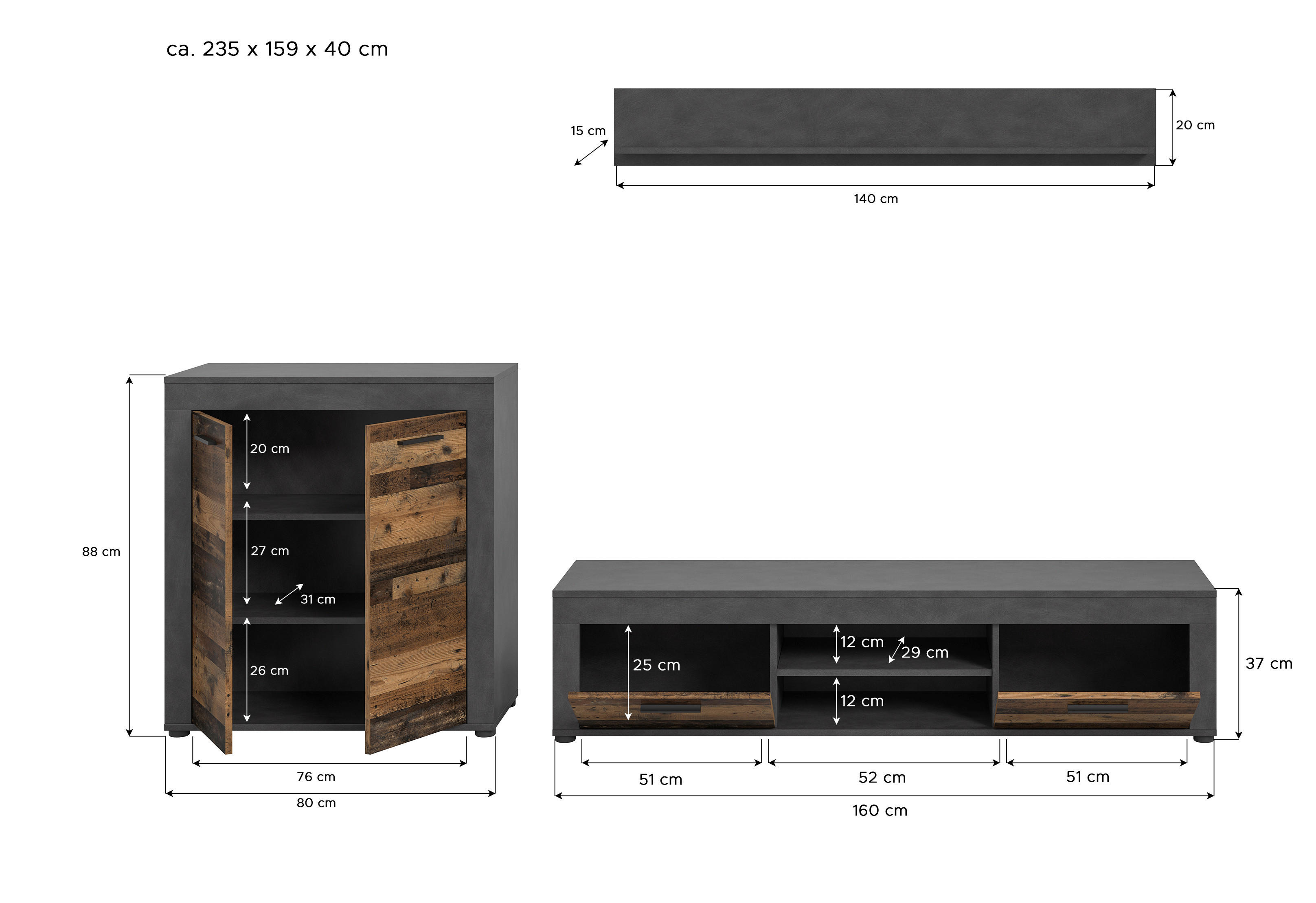 Wohnwand Jam Matera Nachbildung Old Wood Nachbildung B/H/T: ca. 159x255x35 cm Jam - (159,00/255,00/35,00cm) - xonox.home