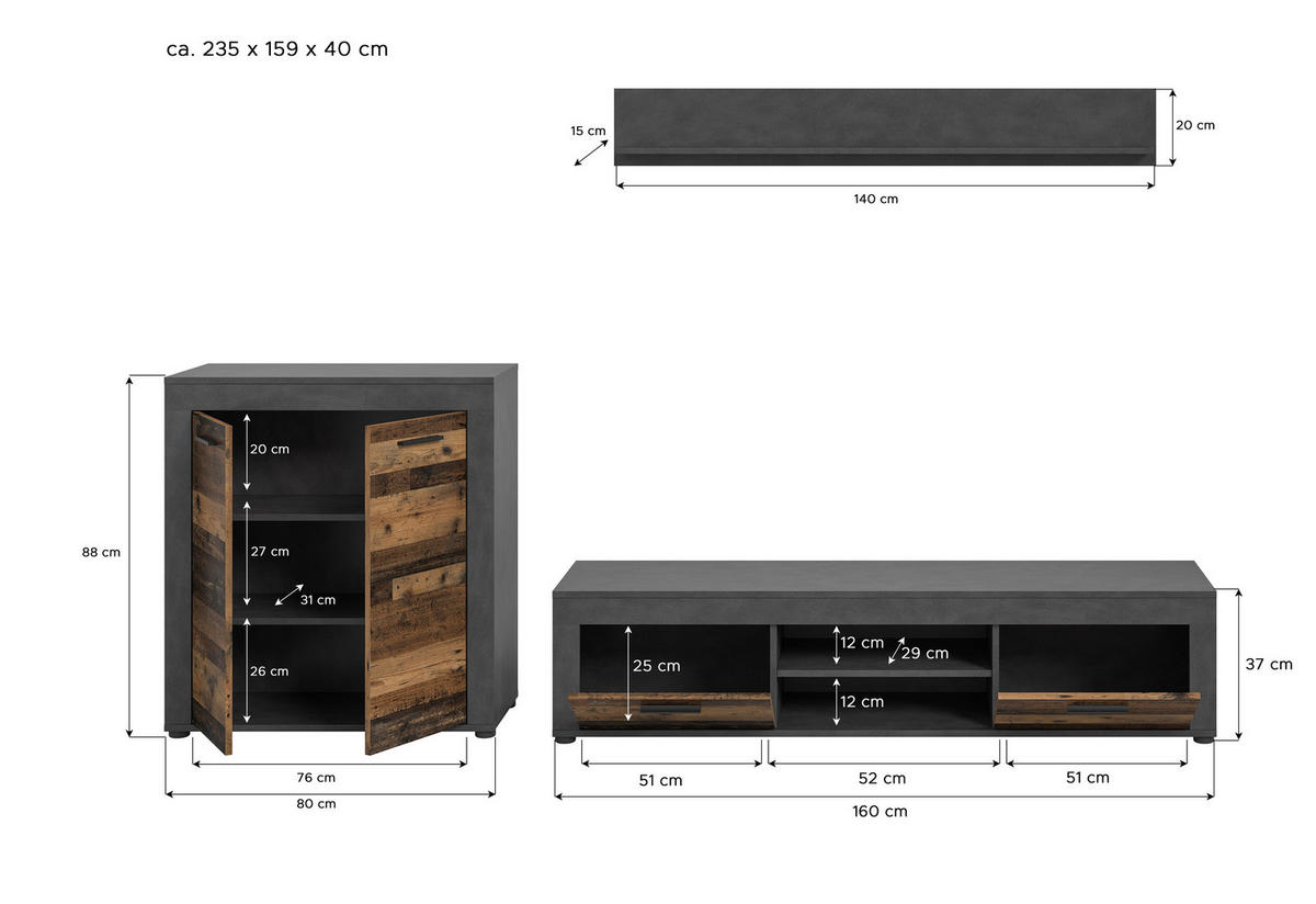 Wohnwand Jam Matera Nachbildung Old Wood Nachbildung B/H/T: ca. 159x255x35 cm Jam - (159,00/255,00/35,00cm) - xonox.home
