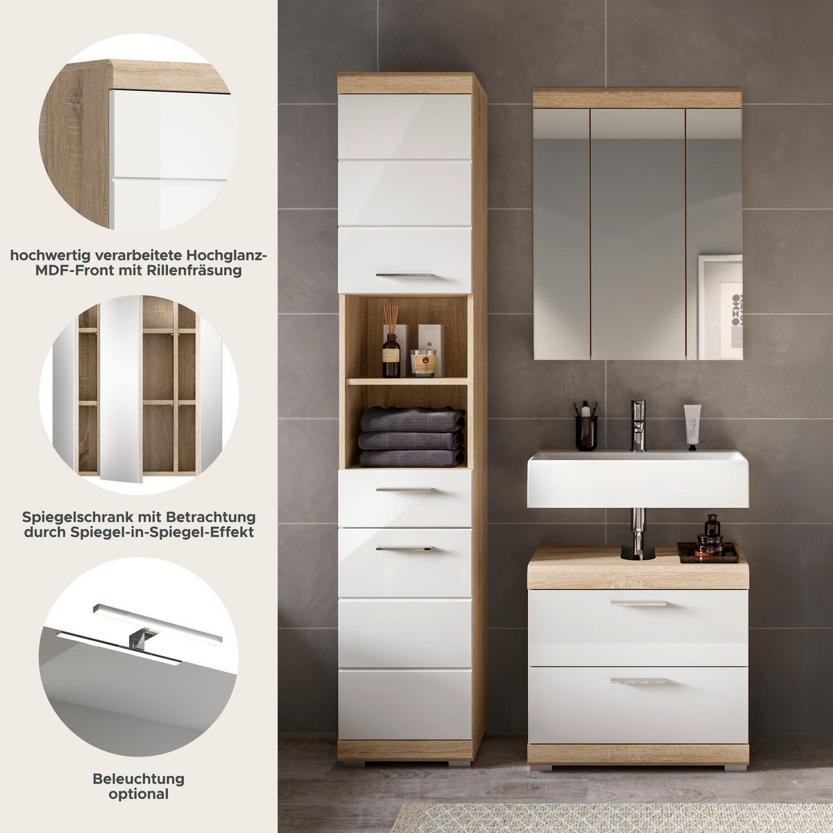 Badezimmer-Set Lambada Eiche Sonoma Nachbildung weiß Hochglanz B/H/T: ca. 112x191x37 cm Lambada - Eiche/weiß (112,00/191,00/37,00cm) - xonox.home