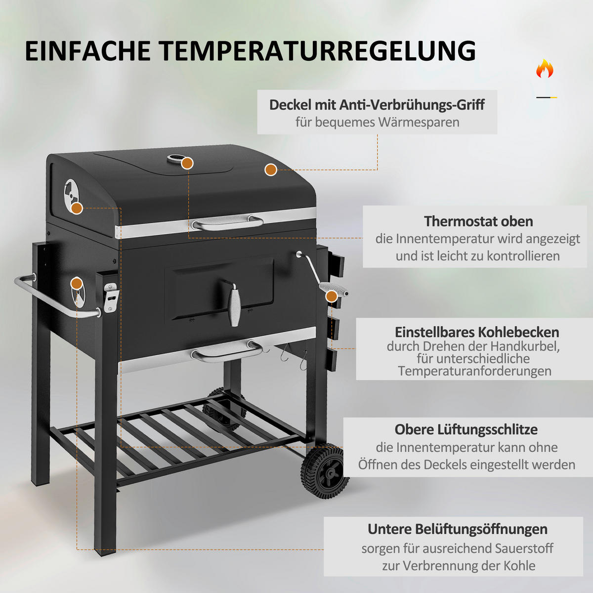 Outsunny Holzkohlegrill Edelstahl B/H/L: ca. 65x108x113 cm Holzkohlegrill - schwarz (113,00/65,00/108,00cm) - Outsunny
