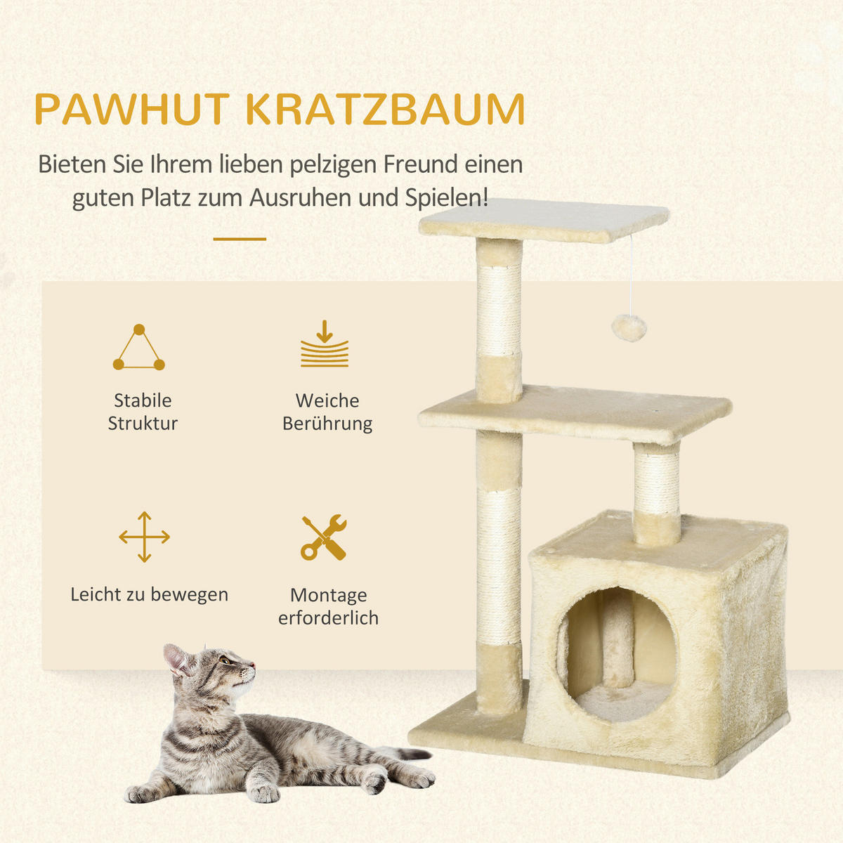 PawHut Kratzbaum beige Sisal B/H/L: ca. 50x80x30 cm Kratzbaum - beige (30,00/50,00/80,00cm) - PawHut
