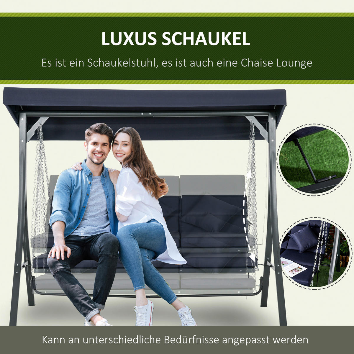 Outsunny Hollywoodschaukel dunkelblau Polyester B/H/L: ca. 118x168x198 cm Hollywoodschaukel - schwarz/dunkelblau (198,00/118,00/168,00cm) - Outsunny
