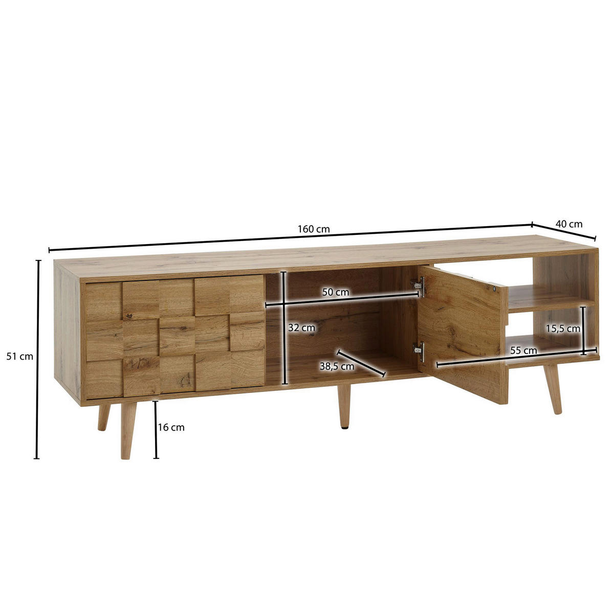 Lowboard Eiche Nachbildung Eiche B/H/T: ca. 160x51x40 cm Lowboard - Eiche (160,00/51,00/40,00cm) - Wohnling