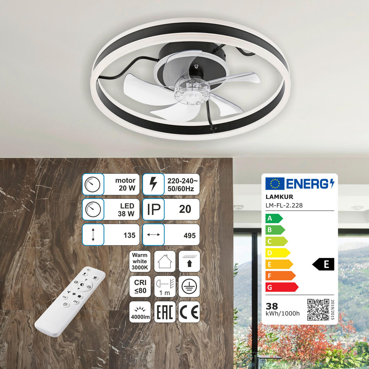 Lamkur LED-Deckenventilator FALCO 49915 schwarz H/L: ca. 17x50 cm max. 40 W Falco - schwarz (50,00cm) - Lamkur