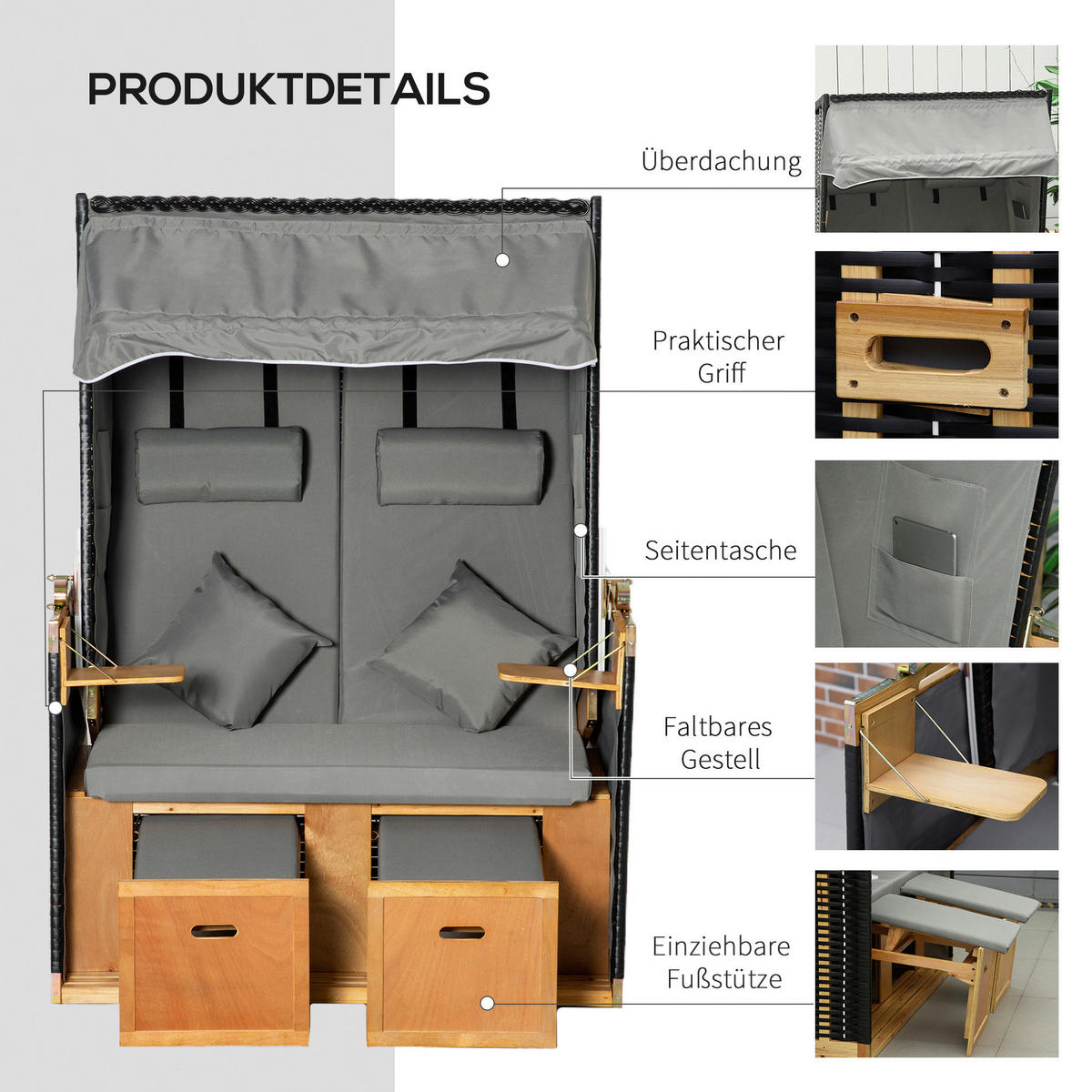 Outsunny Strandkorb hellgrau Edelstahl B/H/L: ca. 79x118x160 cm Strandkorb - hellgrau (160,00/79,00/118,00cm) - Outsunny