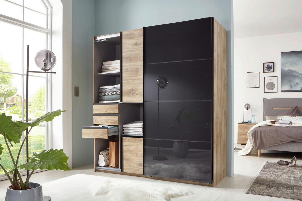 Schwebetürenschrank Oldenburg Eiche Artisan Nachbildung B/H/T: ca. 180x198x65 cm Oldenburg - Eiche/grau (180,00/198,00/65,00cm)