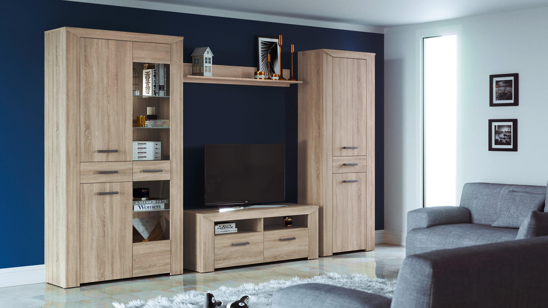 Thumbnail - Vitrine Lorenzo Eiche Sonoma Nachbildung B/H/T: ca. 70x197x38 cm