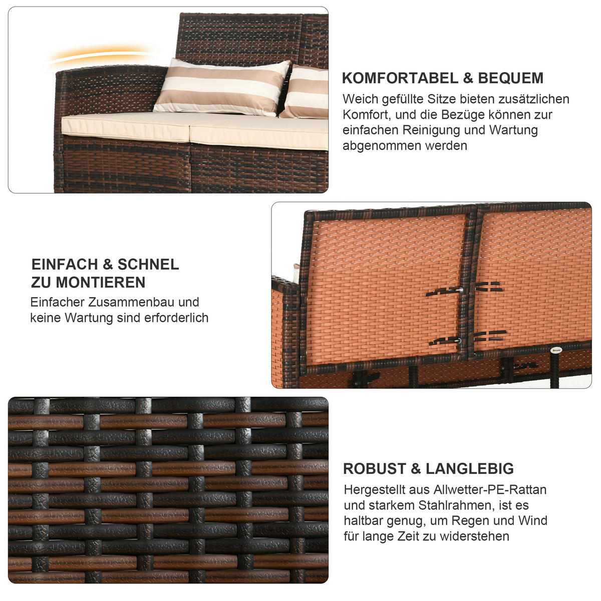 Outsunny Gartensofa braun Stahl B/H/L: ca. 68x78x173 cm Gartensofa - braun (173,00/68,00/78,00cm) - Outsunny