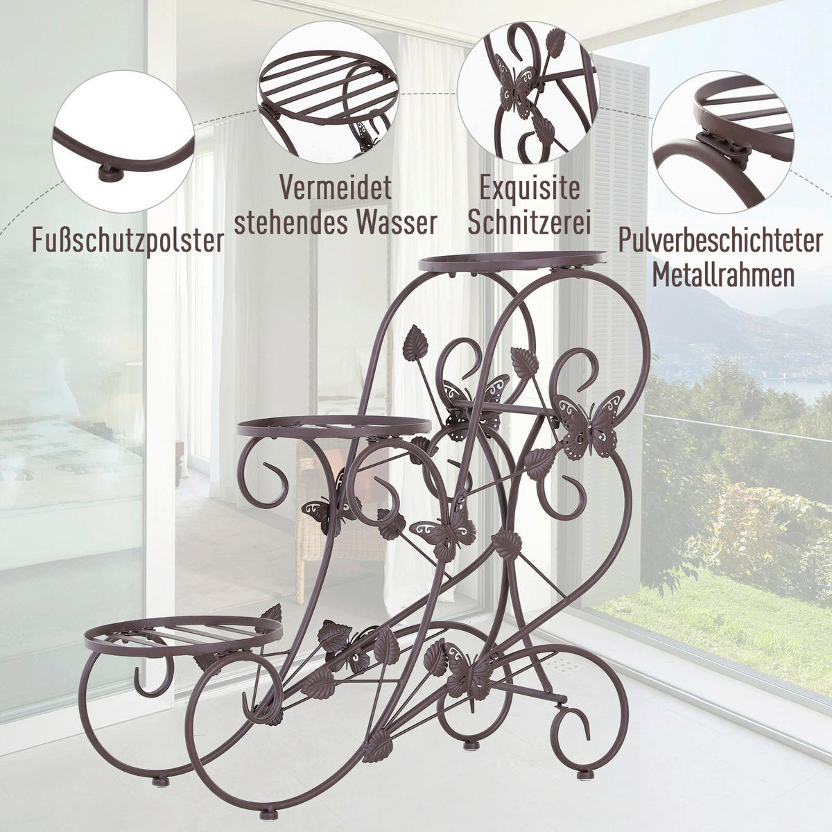 Outsunny Blumenständer bronze Metall B/H/L: ca. 28x66x75 cm Dreistufiges_Blumenständer - bronze (75,00/28,00/66,00cm) - Outsunny