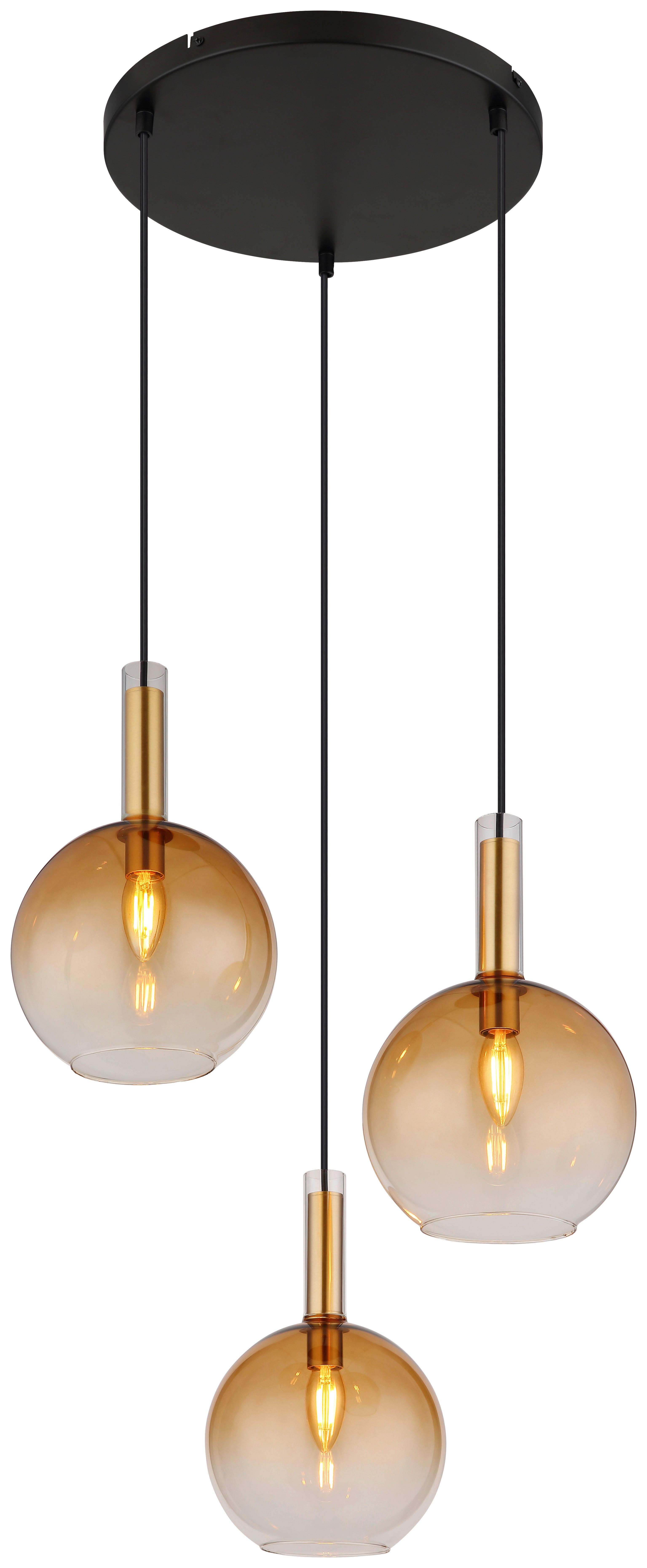 GLOBO Pendelleuchte amber messing schwarz Glas Metall H/D: ca. 150x51 cm E14 3 Brennstellen MARINELLA - messing/schwarz (51,00/150,00cm) - GLOBO