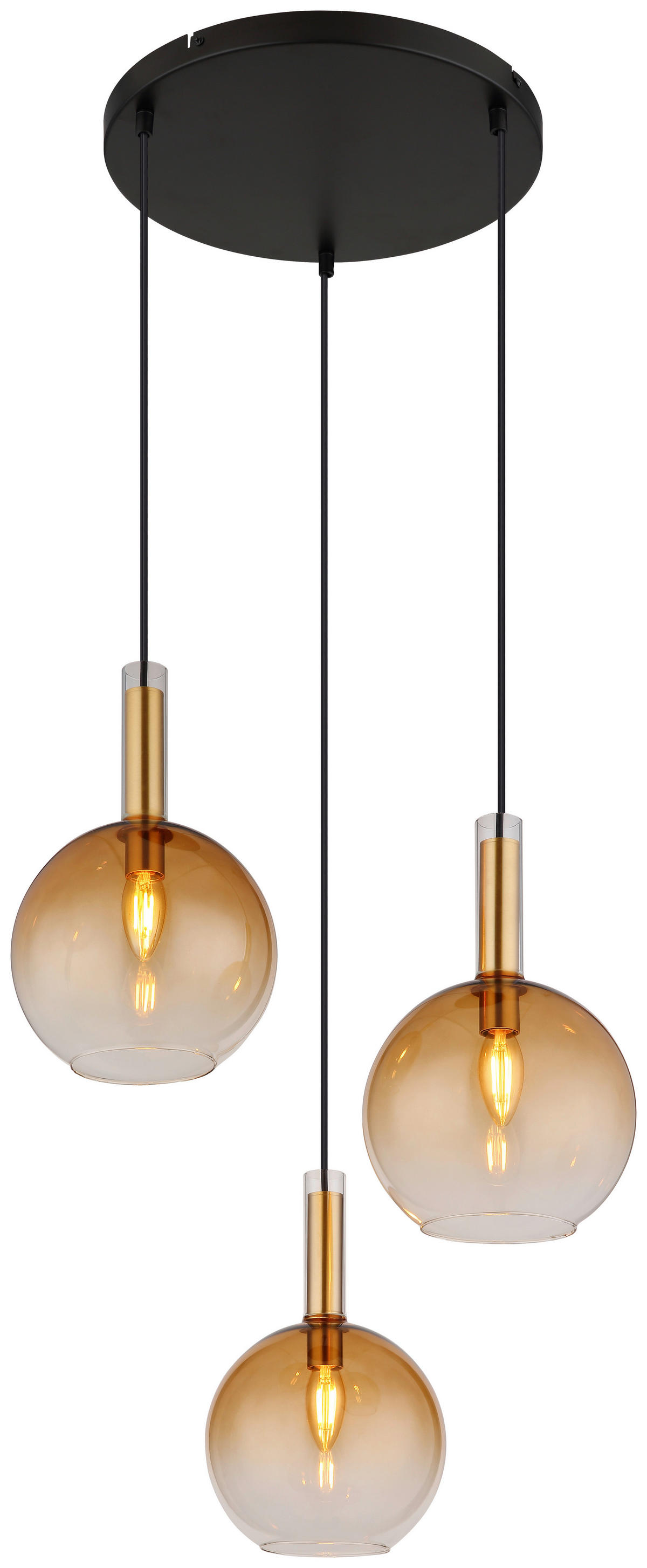 GLOBO Pendelleuchte amber messing schwarz Glas Metall H/D: ca. 150x51 cm E14 3 Brennstellen MARINELLA - messing/schwarz (51,00/150,00cm) - GLOBO