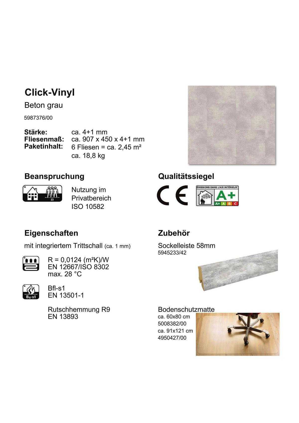 Click-Vinylboden Beton grau ca. 2,45 m² im Paket  B/L: ca. 45x90,7 cm pro Paket Beton grau ca. 2,45 m² im Paket - (45,00/90,70cm)