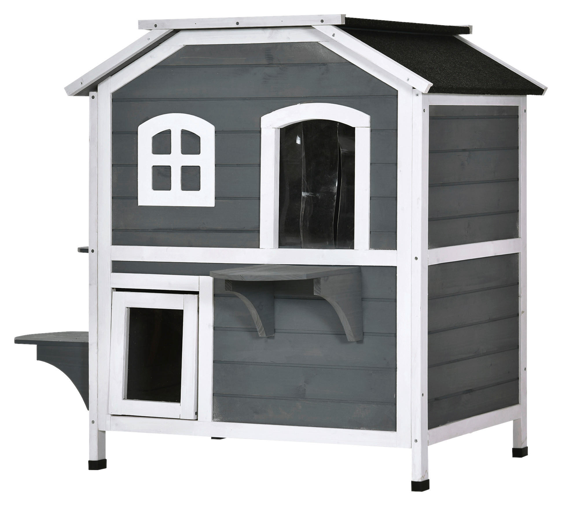 PawHut Katzenhaus grau Holz B/H/L: ca. 56x91x78 cm Katzenhaus - weiß/grau (78,00/56,00/91,00cm) - PawHut