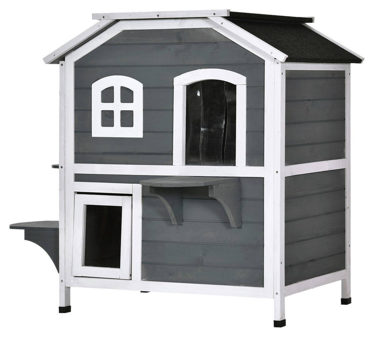 PawHut Katzenhaus grau Holz B/H/L: ca. 56x91x78 cm Katzenhaus - weiß/grau (78,00/56,00/91,00cm) - PawHut