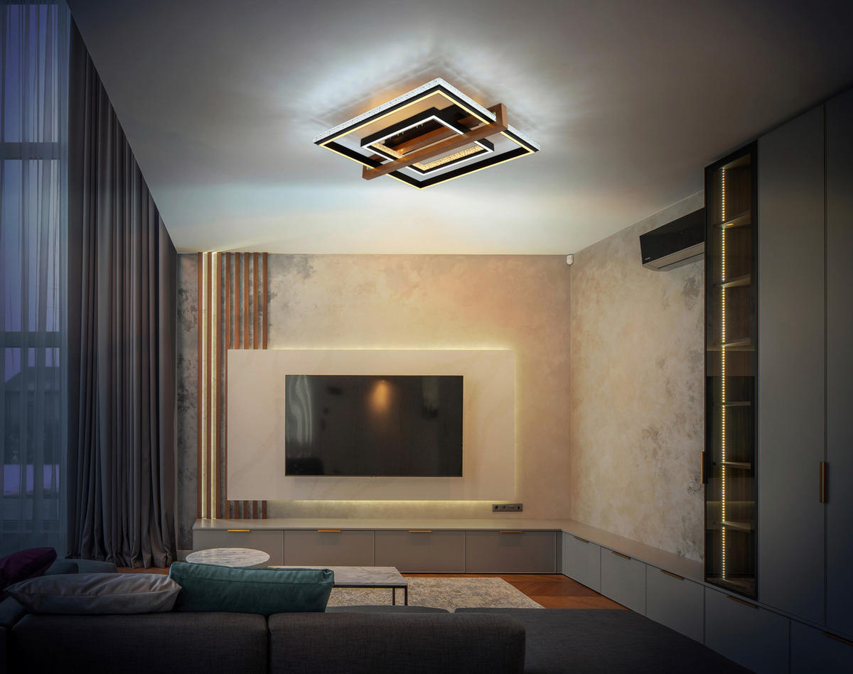 GLOBO LED-Deckenleuchte Opal dunkelbraun mattschwarz Holz Metall Kunststoff B/H/L: ca. 55x11,5x50 cm 1 Brennstellen DELORIS - dunkelbraun/Opal (50,00/55,00/11,50cm) - GLOBO