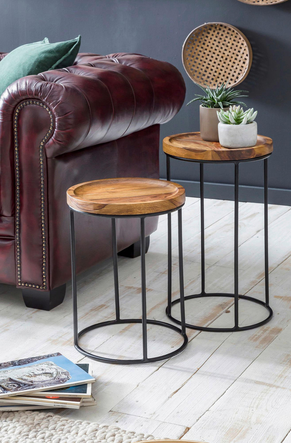 Beistelltisch 2er-Set natur schwarz lackiert Echtholz Eisen 2er-Set - natur/schwarz - Wohnling