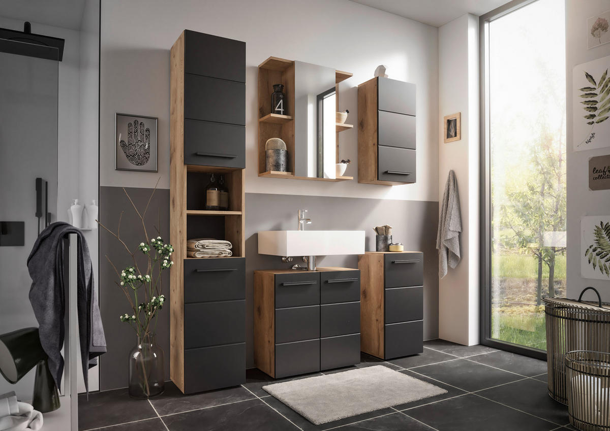 Waschbeckenunterschrank Vista Oak Eiche Viking Nachbildung schwarz matt B/H/T: ca. 60x62x31 cm Vista - schwarz/Oak (60,00/62,00/31,00cm)