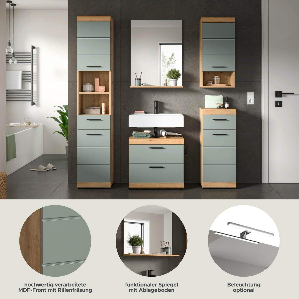 Badezimmer-Set Scout Eiche Artisan Nachbildung salbei Nachbildung B/H/T: ca. 164x191x37 cm Scout - Eiche/salbei (164,00/191,00/37,00cm) - xonox.home