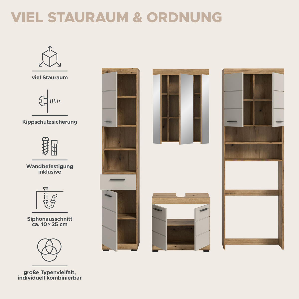 Badezimmer-Set Scout Evoke Oak Nachbildung Kaschmirgrau Nachbildung B/H/T: ca. 190x191x34 cm Scout - Kaschmirgrau (190,00/191,00/34,00cm) - xonox.home