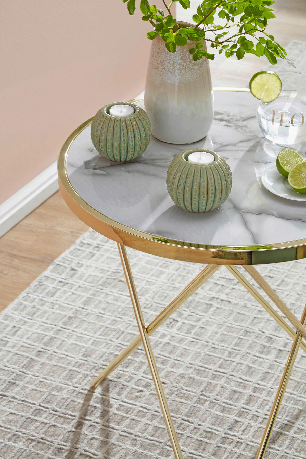 Beistelltisch weiß Marmor Optik gold Optik MDF Stahl Beistelltisch - gold/weiß - Wohnling